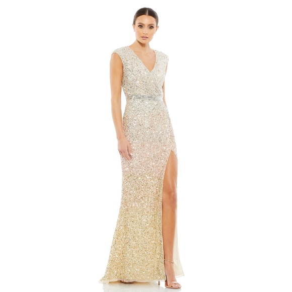 Mac Duggal Dresses & Skirts - Mac Duggal Cap Sleeve Sequined High Slit Gown in Nude